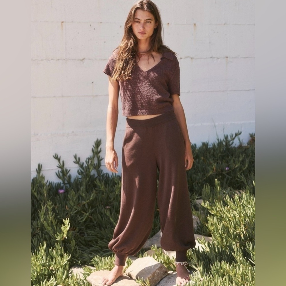 NWOT Free People Nolan Sweater Set Pants Polo Sweater Matching Two Piece Brown